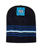 Multicolored beanie cap - black with blue stripes.