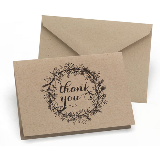 Greeting cards and matching kraft envelopes - kraft thank you. (Pack of 50).