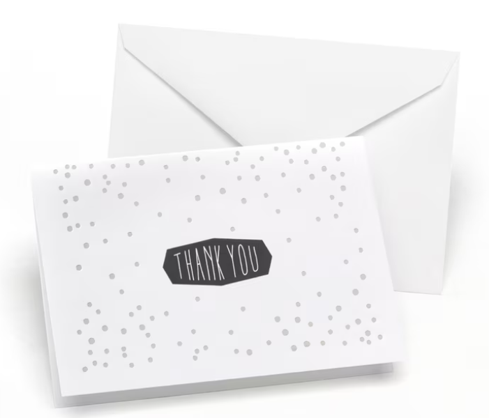 Greeting cards - dots thank you cards with envelopes (white). Pack of 50.