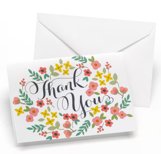 Greeting cards and envelopes - floral thank you. (Pack of 50).