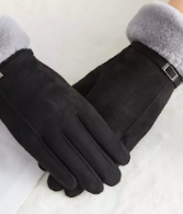 Women's black suede gloves with gray faux fur.