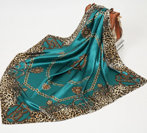 Women's silk scarf / shawl - Dark Green and Leopard.