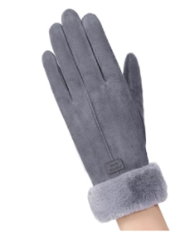 Women's grey suede gloves - gray faux fur.