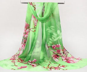 Women's silk scarf / shawl - lime green and floral.