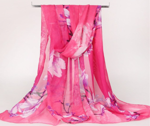 Women's silk scarf / shawl - pink and floral.