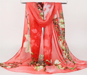 Women's silk scarf / shawl - red and floral.