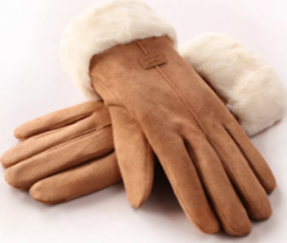 Women's camel suede gloves - faux fur.